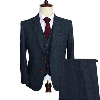 

Men's Wool Tweed Suits 3 Pieces Formal Lapel Notch Herringbone Tuxedos Blazer Slim Fit Winter Wedding Groom (Blazer+Vest+Pants)
