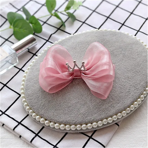 pink 8pcs/lot Children Three-dimensional Snow Yarn Bow Hairpin Crown Top Hair Clips Crown Hair Ornaments Hairpin Kids Headwear - Color: pink