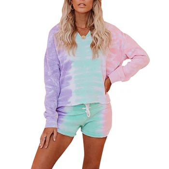 

Color Stitching Women Sleepwear Suit Two Pieces Set Long Sleeves Hooded Top Homewear Drawstring Short Pants Comfortable Clothes