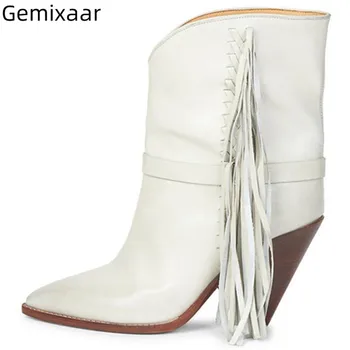 

Autumn Women Boots Side Tassel Spike High Heel Office Lady Bottes Point Toe White Slip On Comfy Real Leather Casuel Woman Boots