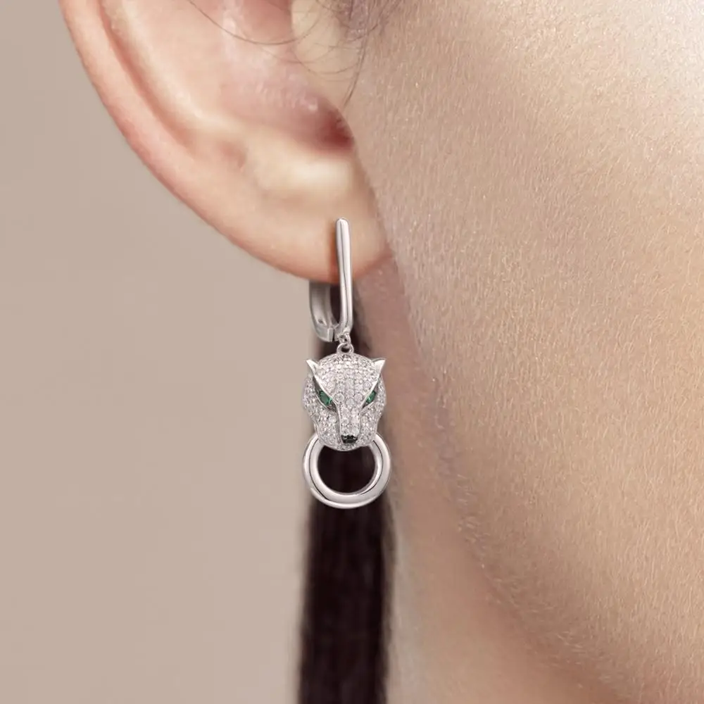SANTUZZA Silver Earrings For Women Pure 925 Sterling Silver Dangle Panther Earrings Long Cubic Zirconia brincos Fine Jewelry