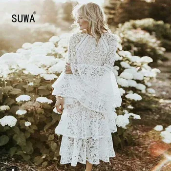 

Evening Party Elegant Women's Vestidos Pure White Lace O Neck Long Flare Sleeve Cascading Ruffle Wedding Gowns Femme Robes