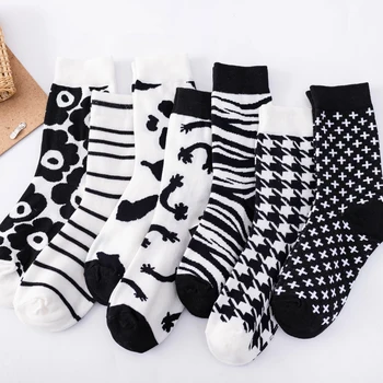 Calcetines blancos a rayas para mujer, negros, harajuku, skarpetki, meias, medias, bonitos, vintage, divertidos, chaussette