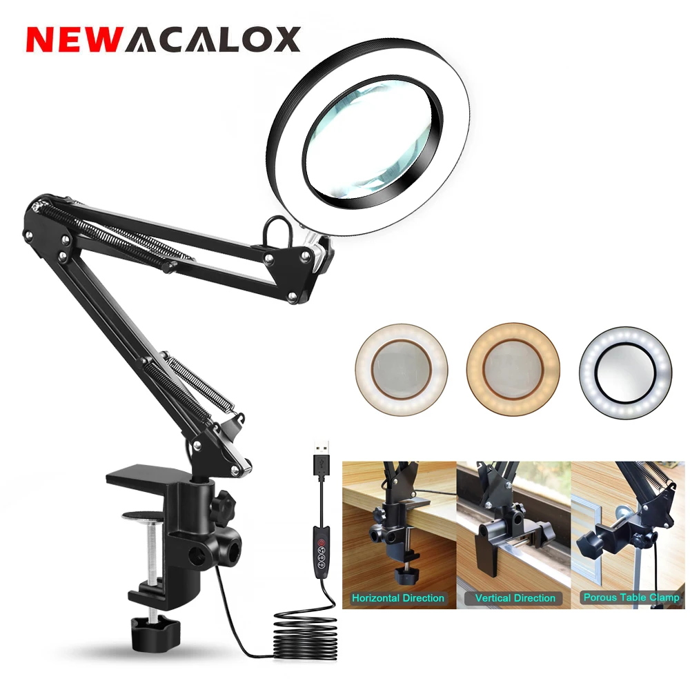 US $26.43 NEWACALOX USB 5X Folding LED Magnifying Glass Table Clamp Illuminated Magnifier Soldering Third Hand Tool 3 Colors Desk Lamp