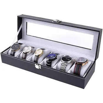 

6 Grid Watch Boxes PU Leather Watch Case display Box Handmade Acrylic Top Suede Cushion Watch Jewelry Collection Display Case