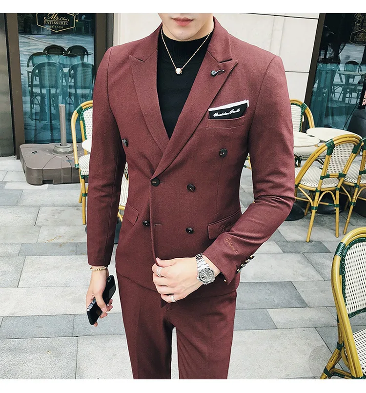 Куртка+ брюки) High-end вышивка одноцветная мужские, повседневные, деловые двубортный костюм 2 предмета в комплекте жениха, свадебное платье, смокинг