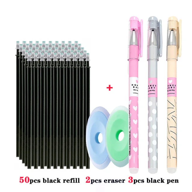 55pcs/set Colored Ink Erasable Pen Refills Rods 0.5mm Magic Erasable Gel Pen Washable Handle Office School Writing Stationery 55pcs black set C