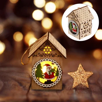 

1 Pc Wooden House Ornament Luminous Wood House Christmas Tree Pendants