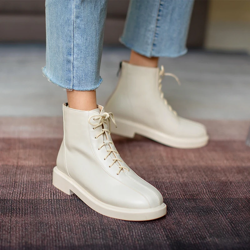 Flat With Motorcycle Boots Women Round Toe Lace-up Ankle For Ladies Shoes Platform Winter 2021 new Leather boots | Обувь