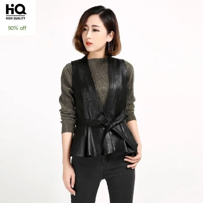 

Spring New Sheepskin Real Leather Vest Slim Waist Genuine Leather Fashion Short Sashes Bow Ruched Sleeves Solid Black Jackets