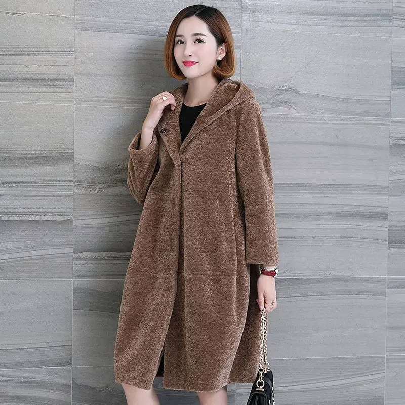 

MLCRIYG 2020 Casual Real Wool Fur Coat Female Long Warm Winter Jacket Women Sheep Shearing Coats Hooded Outerwear abrigos YQ284