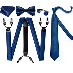 Quality Silk Suspenders Necktie Bow Tie Set For Men Blue Clip-on Braces Man Wide Strap For Pants Wedding Party Home Casual 3.5cm