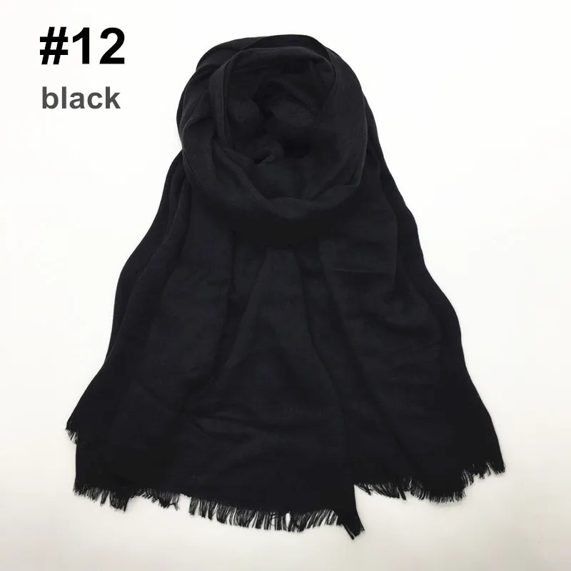 Одноцветный хлопковый мусульманский хиджаб шарф длинная мягкая шаль короткая кисточка Женская бахрома платок Исламская повязка на голову тюрбан 90x180 см - Цвет: 12 black