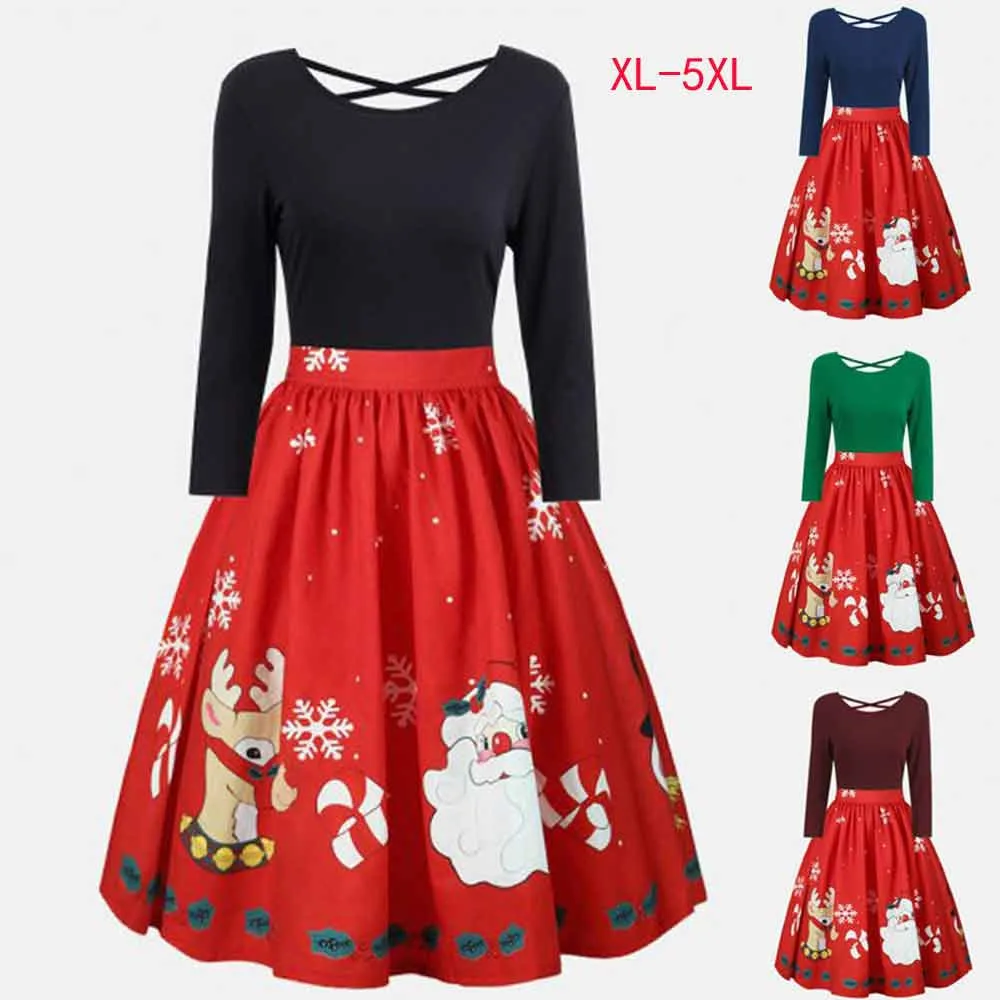 

Vintage Christmas Women's Dress snowman Print Long Sleeve Evening Party Dress Elegant Women Loose Pleated Dresses#35