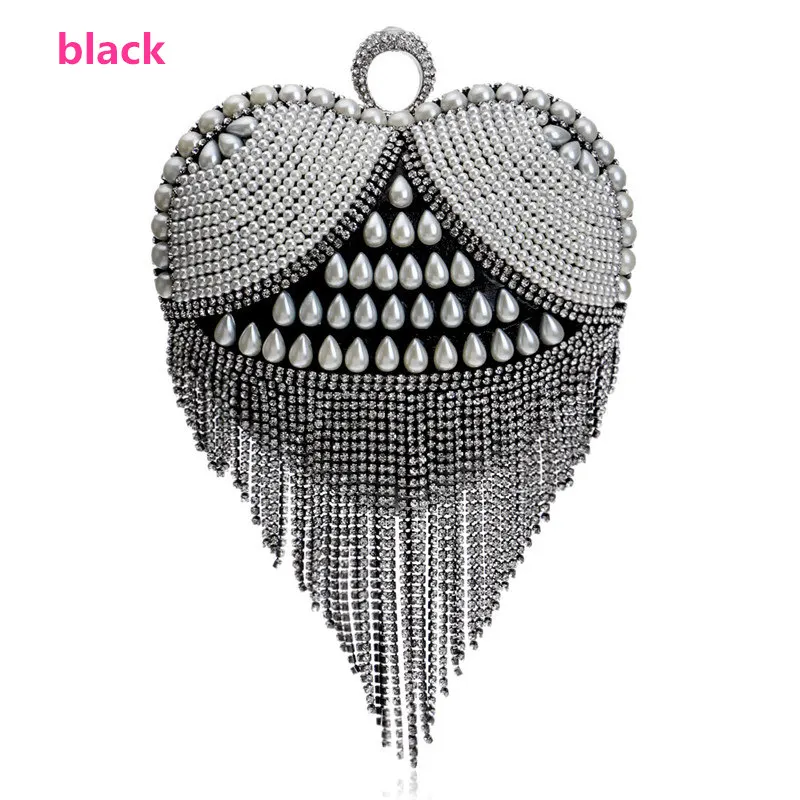 Sexy Lady Heart Tassel Rhinestones Women Evening Bags Pearl Handle Finger Ring Diamonds Small Clutches Party Nightclub Purse