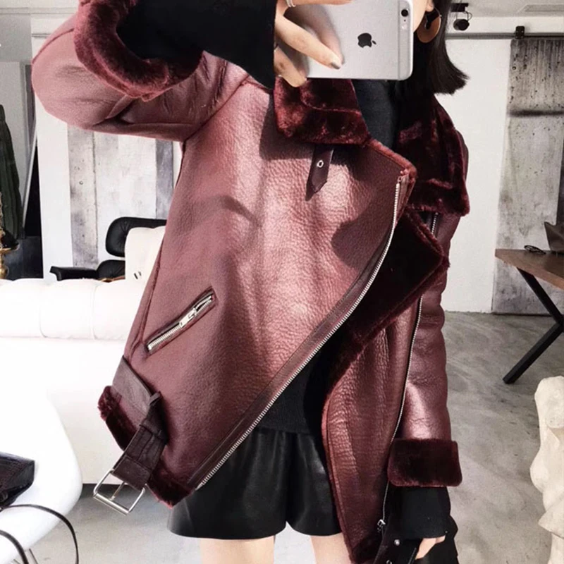 Kopen Ailegogo 2019 Winter Jassen Vrouwen Dikke Faux Leer Bont Schapenvacht Jas Bont Leren Jas Aviator Jacket Casaco Feminino