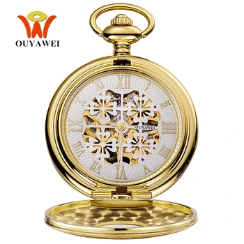 

OYW Stainless Steel Men Fashion Casual Pocket Watch Gold Skeleton dial Hand Wind Mechanical Fob Chain male Watch Weeding Gifts