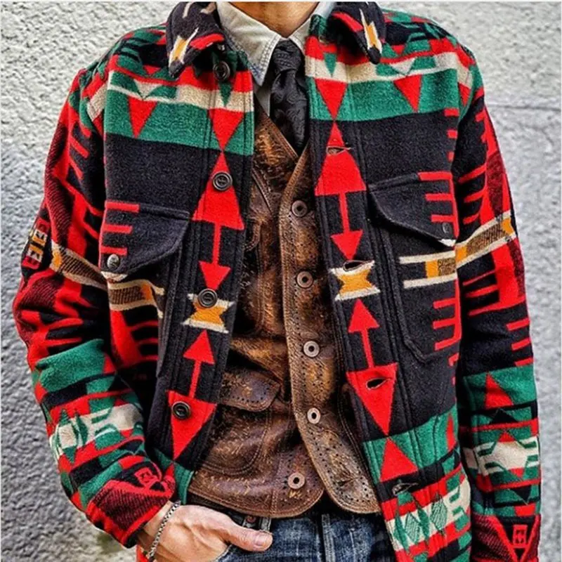 

Laamei Autumn Winter Jacket Men Fashion Retro Print Casual Geometry Coat Men Streetwear Loose Overcoat Male Clothes Large Size