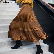 Colorfaith женские юбки осень зима повседневные плиссированные винтажные однотонные разноцветные Бархатные расклешенные длинные юбки с высокой талией SK813