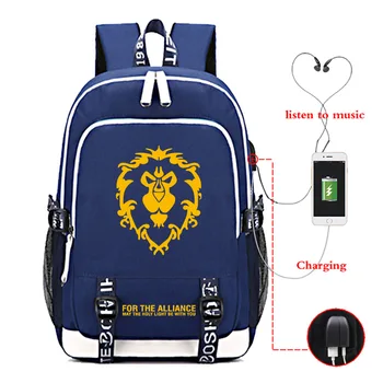 

Women Men Fashion World of Warcraft Printed USB Charging Earplug Hole Backpack Zipper Cool Canvas Bag