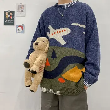 

Round neck sweater men's autumn and winter ins Korean sweater men's loose hedging handsome and color contrast lazy knit sweater