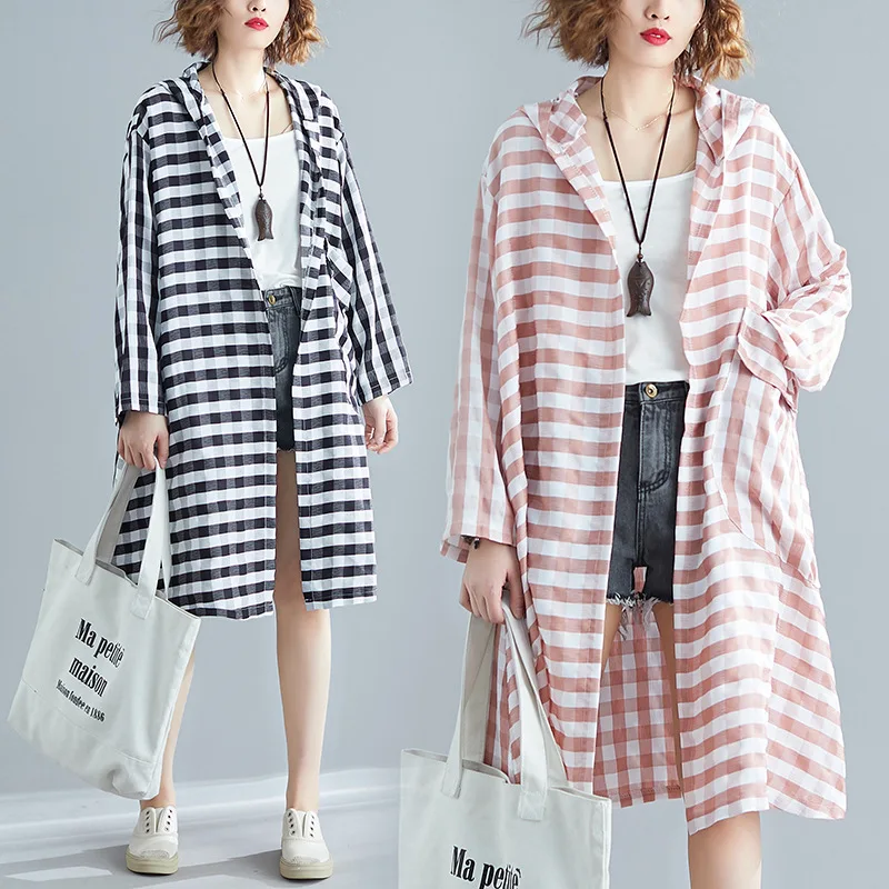 

2019 Summer Wear New Style Korean-style Literature And Art Plaid Shirt Fat Mm Slimming Hooded Towel of Sun Protection Clothing M