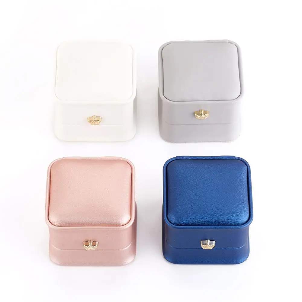 

PU Leather Ring Gift Boxes Jewelry Storage Case with Golden Plated Iron Crown & Velvet Inside for Wedding Square 5.85x5.8x4.9cm