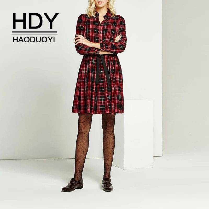 

HDY Haoduoyi New Plus Size Shirt-style Casual lace-up waist Scottish style British Striped Tie Waist style long-sleeved dress