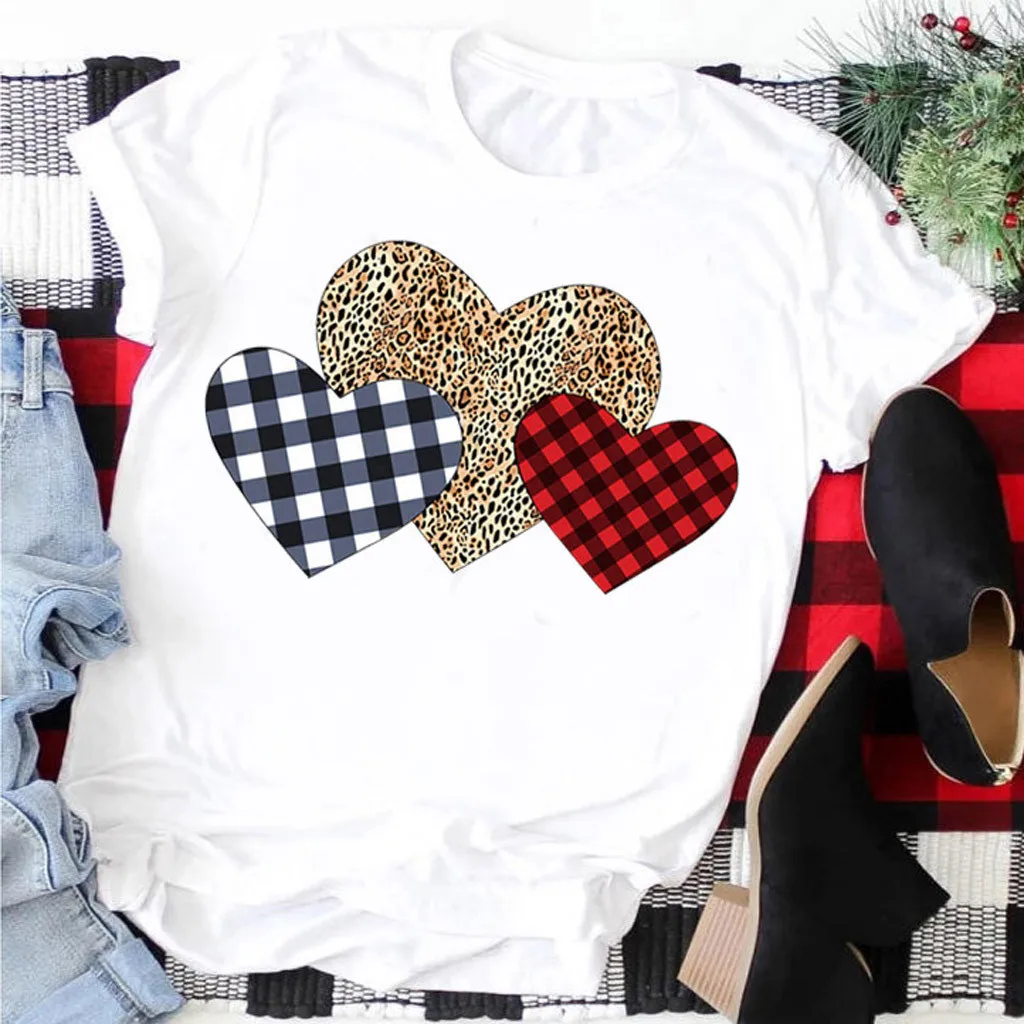 

Oversized T Shirt Womens Valentine Love Heart Plaid Print Short Sleeve Tops T-shirt Tee Korean Style Clothes Camisetas Mujer