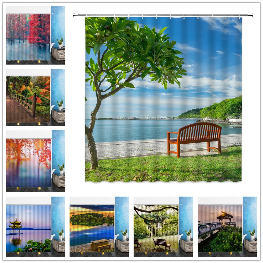 

Autumn Landscape Shower Curtains Red Maple Leaf Natural Scenery 3D Print Bathroom Home Decor Waterproof Polyester Cloth Curtain