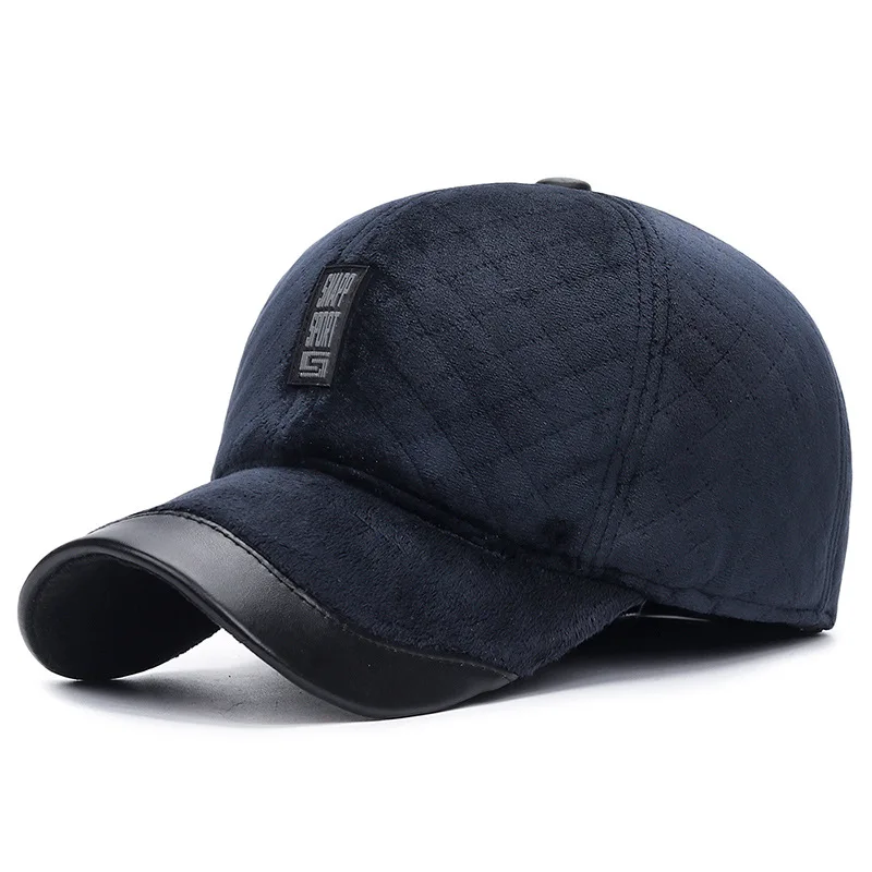NavyBlue Зимняя плюшевая бейсбольная кепка для папы теплая утолщенная хлопчатобумажные бейсболки защита ушей облегающая шапка для мужчин на открытом воздухе для верховой езды - Цвет: NavyBlue