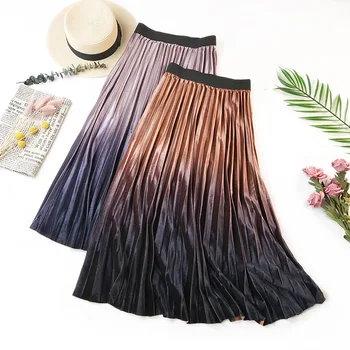 

2019 autumn and winter skirts womens gradient gold velvet long skirt high waist pleated skirt slim wild maxi skirt