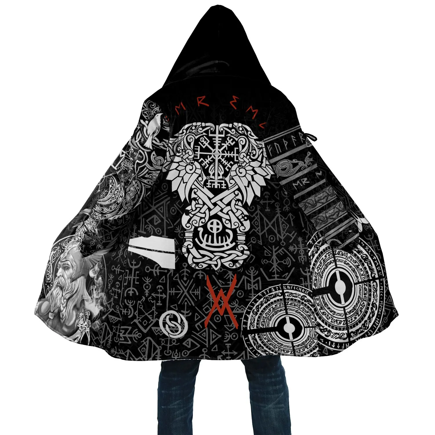 2023 Winter Thick Warm Mens Cloak Mjolnir Odin And Raven Tattoo 3D Print Fleece Hooded cloak Unisex Casual cloak coat PF28