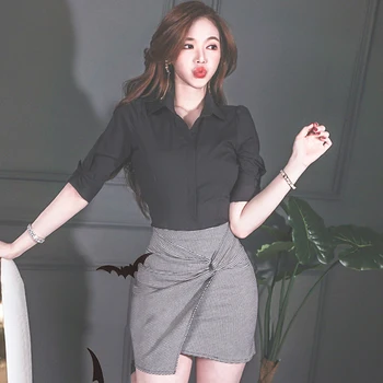 

Spring Korea Slim Turn-Down Collar Black Blouse Shirt High Waist Bodycon Mini Skirt Sexy Office Two Piece Sets Irregular Dress