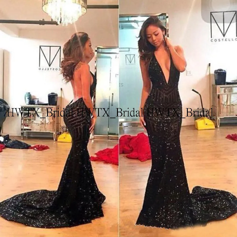 HWTX_Bridal блестящее вечернее платье с блестками Сексуальное Черное длинное вечернее платье с открытой спиной и глубоким v-образным вырезом