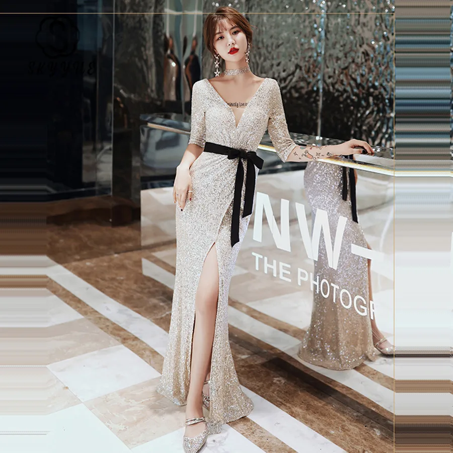

Skyyue V-neck Half-sleeve Evening Dress Evening Dresses 2019 Split Sequin Floor Length Mermaid Formal Gown Robe De Soiree K009
