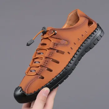 

2020 Summer New Men's Casual Sandals Wild Simple Hole Split Leather Sewing Shoes Handmade Elastic Band Man Beach Shoe