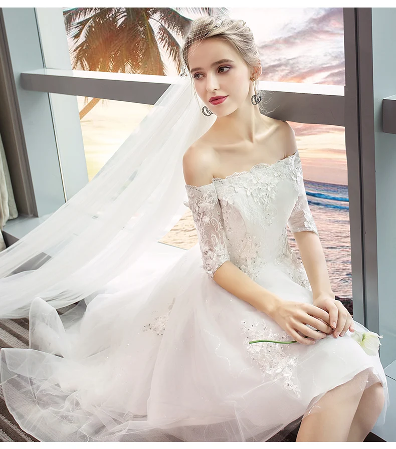 Elegant Off The Shoulder White High Low Prom Dresses With Half Sleeves 2020 New Boat Neck Sequin Appliques Short Evening Gowns