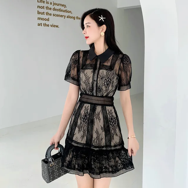 New Vintage Lace Women's Party Sexy Hollow Out Black Mini Short Sleeve Dress Harajuku Casual Female Mesh Lace Dress Vestido 1