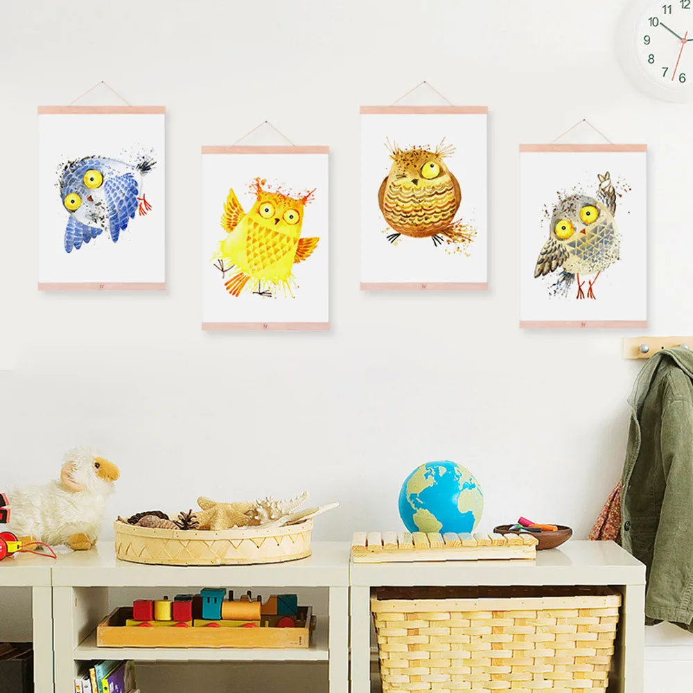 

Mild Art Watercolor Cute Funny Owl CHILDREN'S Room Solid Wood gua zhou hua Decoration Scroll Paintings