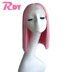 RONGDUOYI короткие шелковистые прямые Термостойкие волосы синтетические парики на шнуровке для женщин розовый боб парик с средней частью