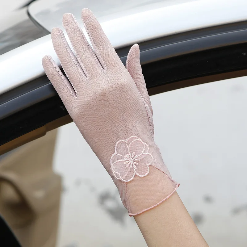 Ladies summer sun protection gloves lace anti-UV gloves black sexy breathable riding driving sunshade short gloves female 03K - Цвет: 07A Pink