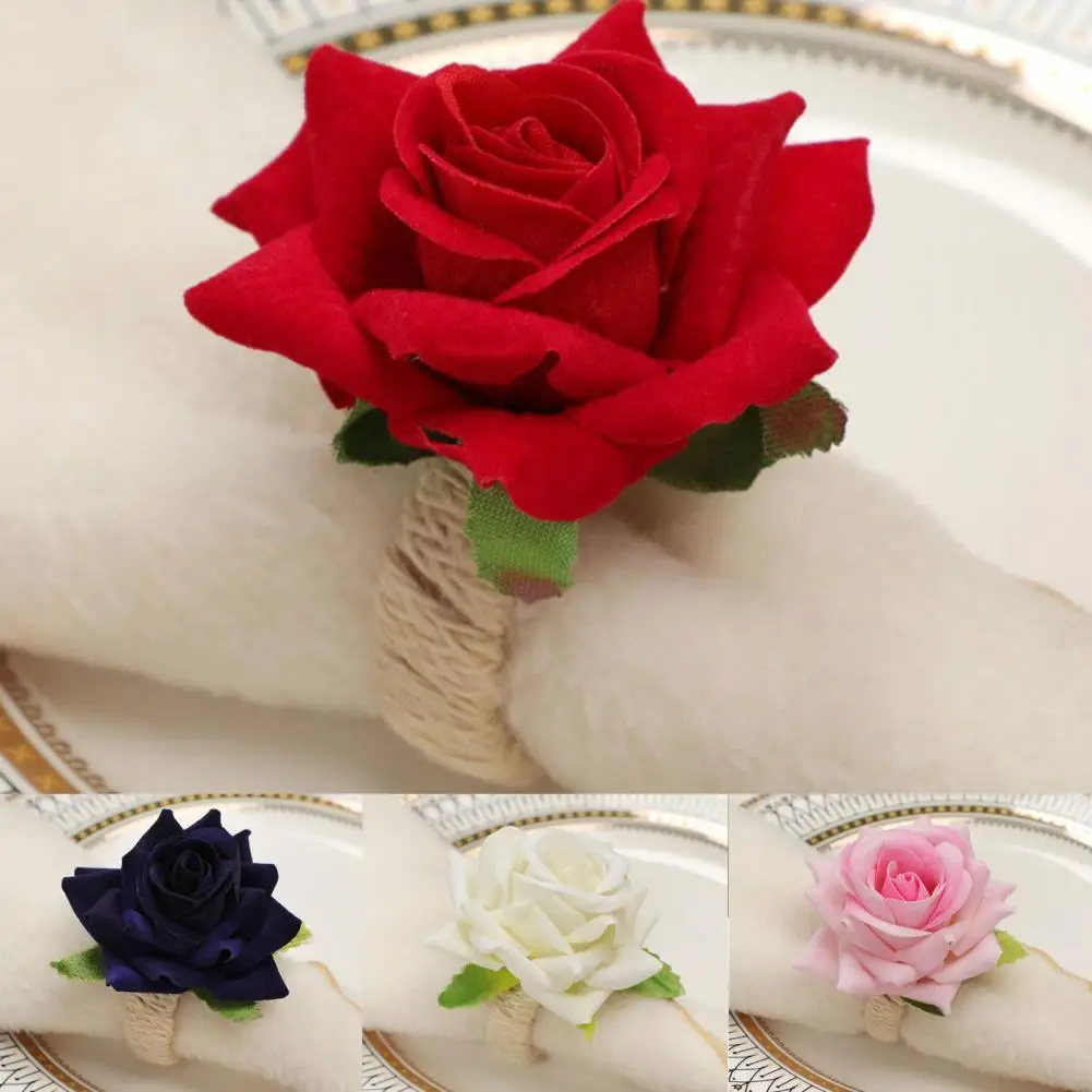6pcs Handmade Flower Paper Napkin Holder Faux Pink Rose Napkin Ring Serviette Table Napkins Buckles For Table Decoration Wedding