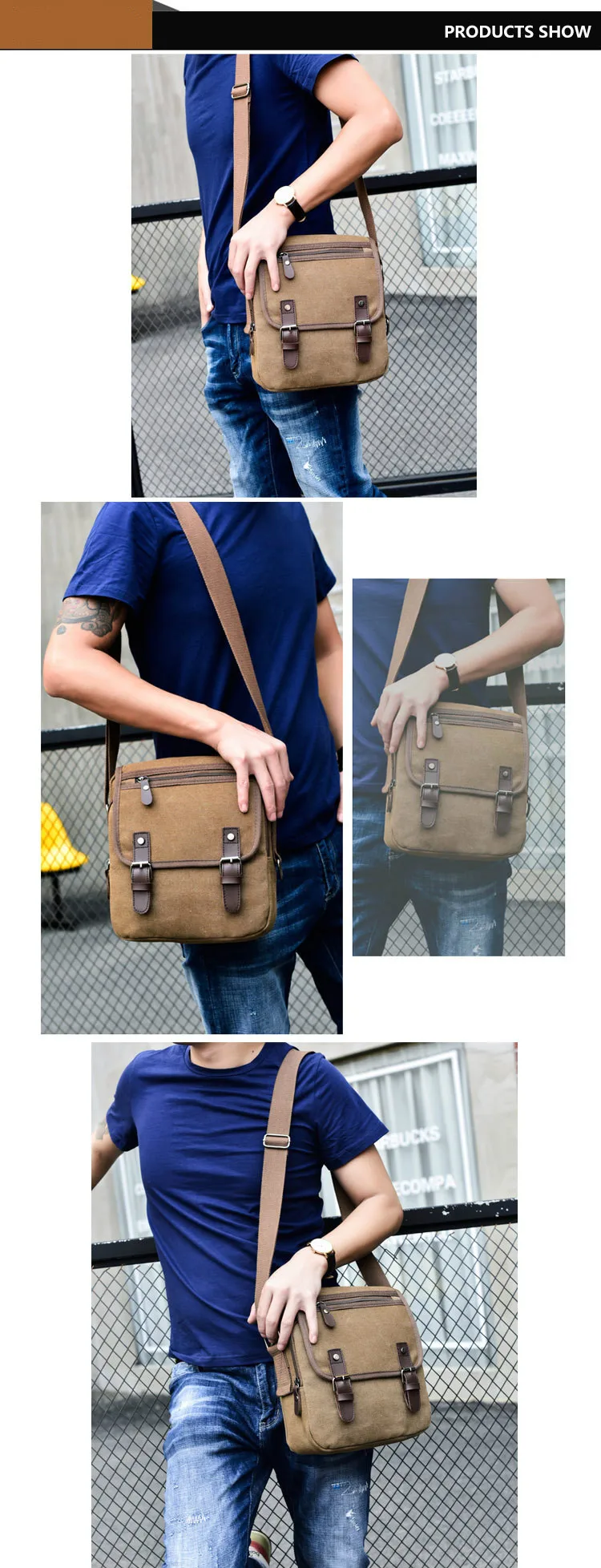 Borsa A Tracolla Uomo In Tela Color Cachi - Tasca Zip, Design Versatile Per Outdoor E Viaggi - Foto 7