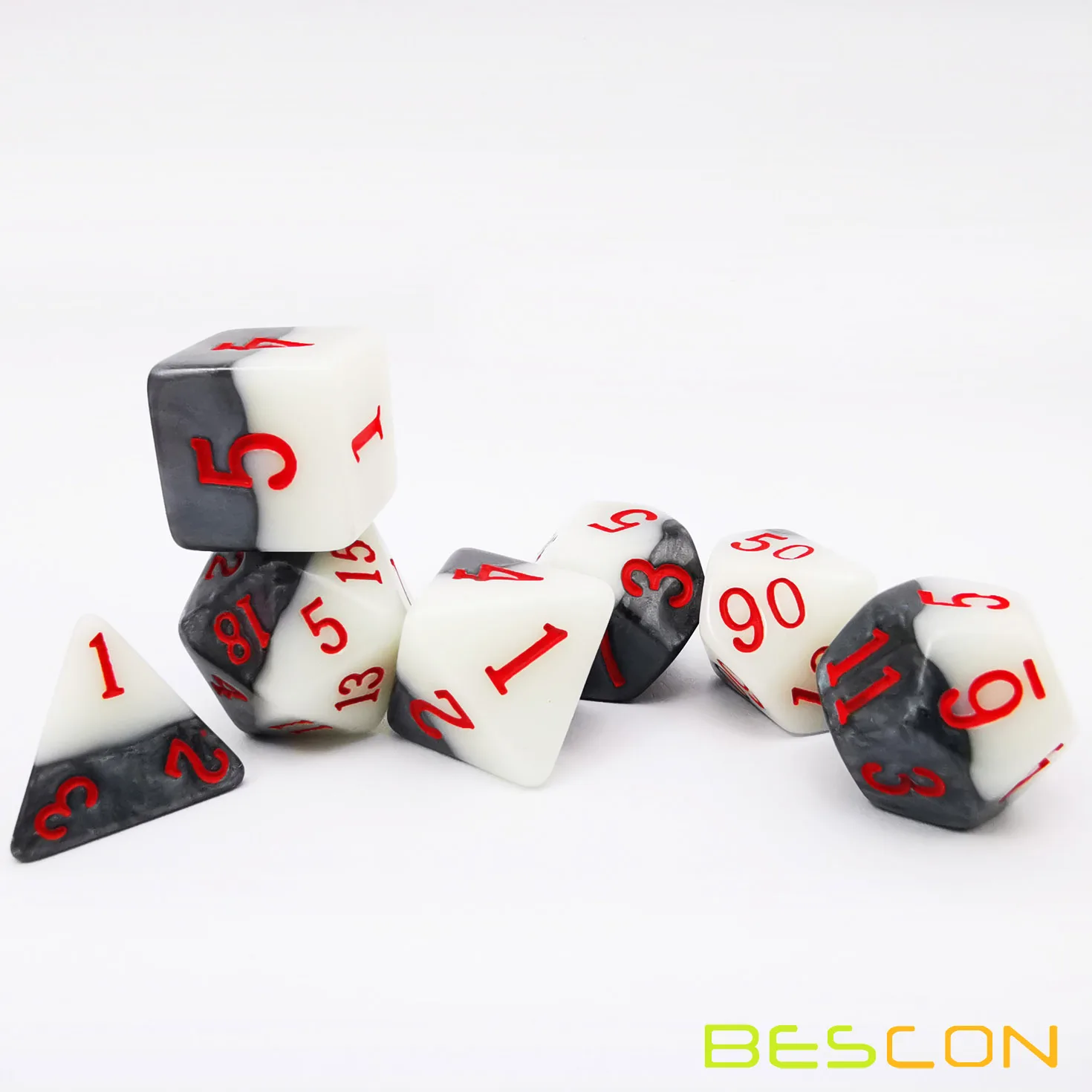 Bescon Two-tone Glowing Polyhedral Dice 7pcs Set Green Dawn, Luminous RPG Dice Set d4 d6 d8 d10 d12 d20 d%, Brick Box Packaging 4