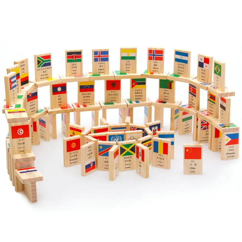 Blocos de Construção de Madeira Bandeira Nacional Dominó Brinquedos Quatro Línguas Design Blocos Crianças Brinquedo Presentes 100 Pçs 8 Brinquedos e hobbies
