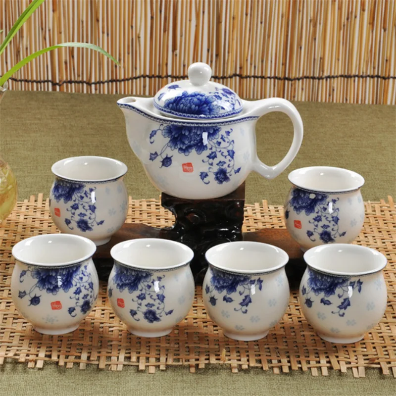 7 шт. чайный сервиз Цзиндэчжэнь голубой и белый фарфор с двойными стенками чашка Креативный цветочный Дракон Маутейн чайный горшок чайный набор кунг-фу чайная посуда