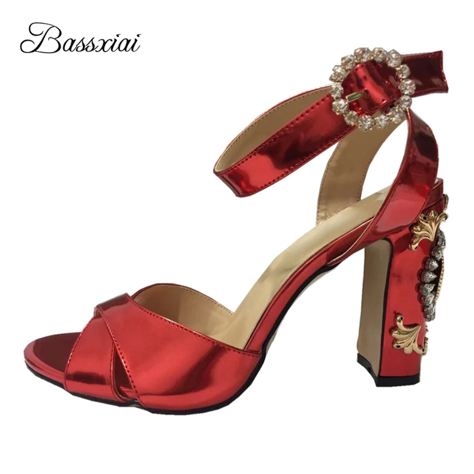 

Crystal Clock Heel Sandals For Girls Women Metal Decoration Ankle Strappy Cross Band Open Toe Patent Leather Summer Sandalias