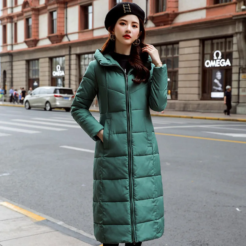 Green Зимняя женская куртка, плюс Размер 6XL,, теплая, тонкая, на молнии, осенняя, длинная, для женщин, парка, утолщенная, верхняя одежда, с хлопковой подкладкой, зимнее пальто - Цвет: Green