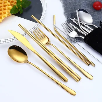 

7pcs Stainless Steel Cutlery Set Spoon Fork Chopsticks Straw Dinnerware Set With Cloth Bag For Outdoor Picnic Family Travel